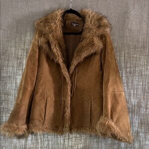 Super cool Boho Leather/suede jacket - faux fur lined with tie detailing!
